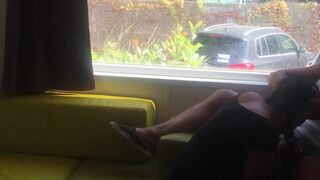 Wife giving risky oral sex in front of window in a camping - 10 image