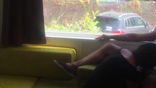Wife giving risky oral sex in front of window in a camping - 4 image