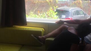 Wife giving risky oral sex in front of window in a camping - 6 image