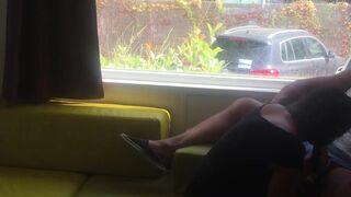 Wife giving risky oral sex in front of window in a camping - 9 image