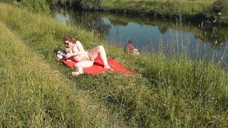 Wild beach. Hot mother I'd like to fuck Platinum bare sunbathing on river bank, random fisherman stud watches. Nude in public. Exposed beach - 12 image