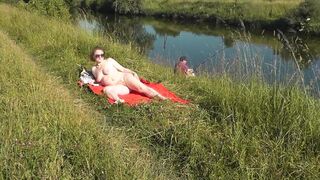 Wild beach. Hot mother I'd like to fuck Platinum bare sunbathing on river bank, random fisherman stud watches. Nude in public. Exposed beach - 13 image