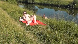 Wild beach. Hot mother I'd like to fuck Platinum bare sunbathing on river bank, random fisherman stud watches. Nude in public. Exposed beach - 14 image