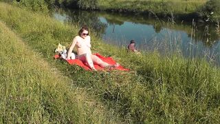 Wild beach. Hot mother I'd like to fuck Platinum bare sunbathing on river bank, random fisherman stud watches. Nude in public. Exposed beach - 3 image