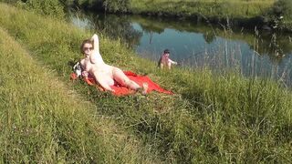 Wild beach. Hot mother I'd like to fuck Platinum bare sunbathing on river bank, random fisherman stud watches. Nude in public. Exposed beach - 6 image