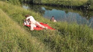 Wild beach. Hot mother I'd like to fuck Platinum bare sunbathing on river bank, random fisherman stud watches. Nude in public. Exposed beach - 7 image