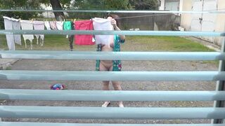 Exposed in public. Neighbour saw preggy neighbour in window who was drying raiment in yard out of brassiere and pants. Nudist - 8 image