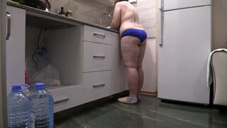 big beautiful woman mother I'd like to fuck housewife in the kitchen wearing solely pants. - 6 image