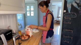 Angelina Love moans as her tight pussy gets stretched with hard dick while cooking in the kitchen